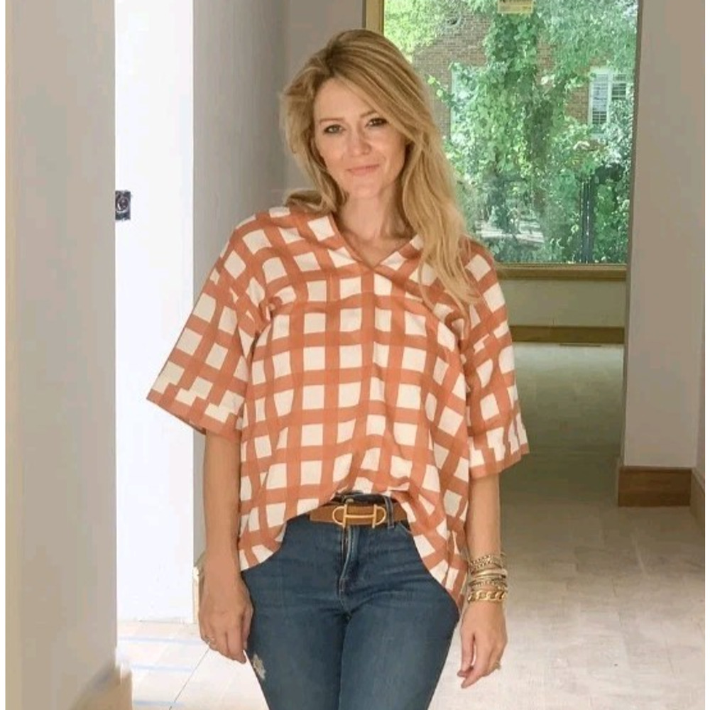 Brooke Wright Tuckernuck Kimono Tunic OS Tan Check Cottagecore Top Blouse Linen